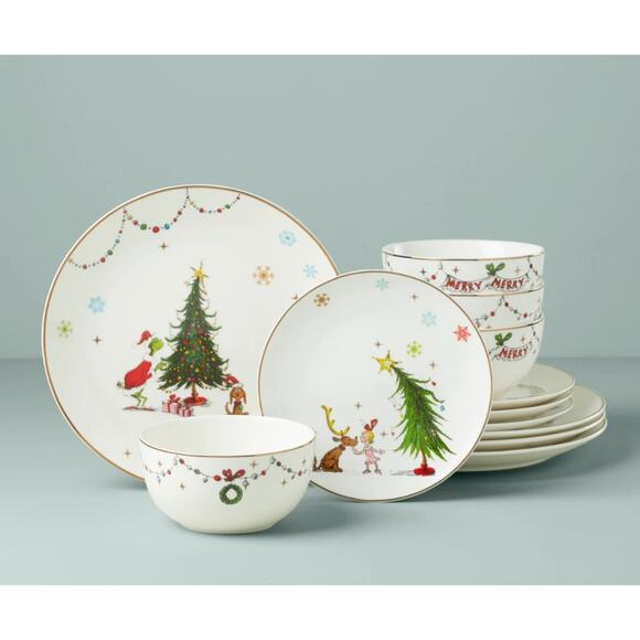 LENOX NWT MERRY GRINCHMAS 12 PIECE DINNERWARE SET - Picture 1 of 4